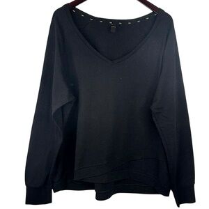 Hyba Black Criss Cross Front Hemline Detail Long Sleeve V-Neck Sweatshirt 2X